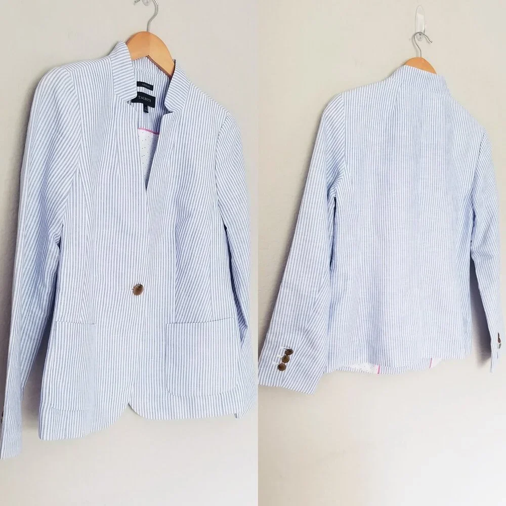 Talbots Light Blue White Stripe Lightweight Blazer Jacket 6 Linen Cotton $159 - Picture 15 of 16